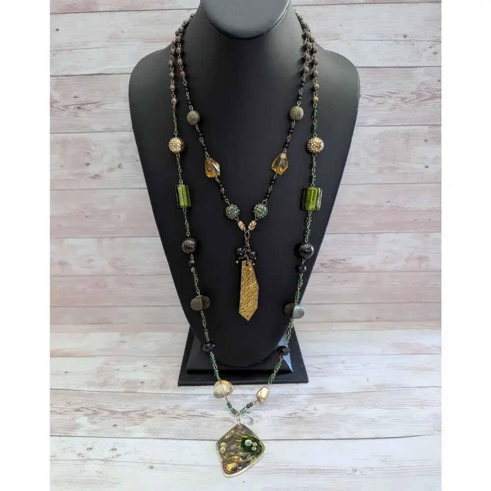 Vintage Necklace Gold Tone & Green Very Long Double Strand Statement